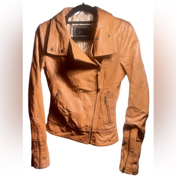 Mackage Tan Lambskin Double breasted full zipper 2 pckt cropped Leather Jckt XXS - Picture 6 of 6